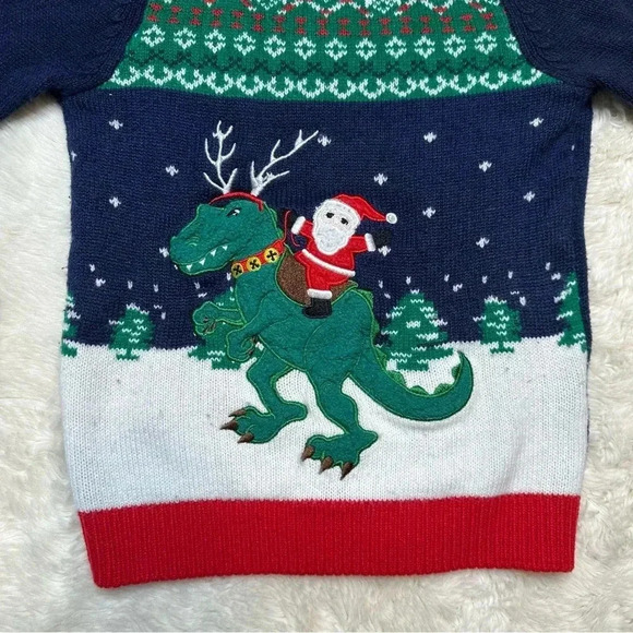 Christmas Santa  Dinosaur Sweater Blue/Green/Red/White Size 6 - Picture 7 of 16